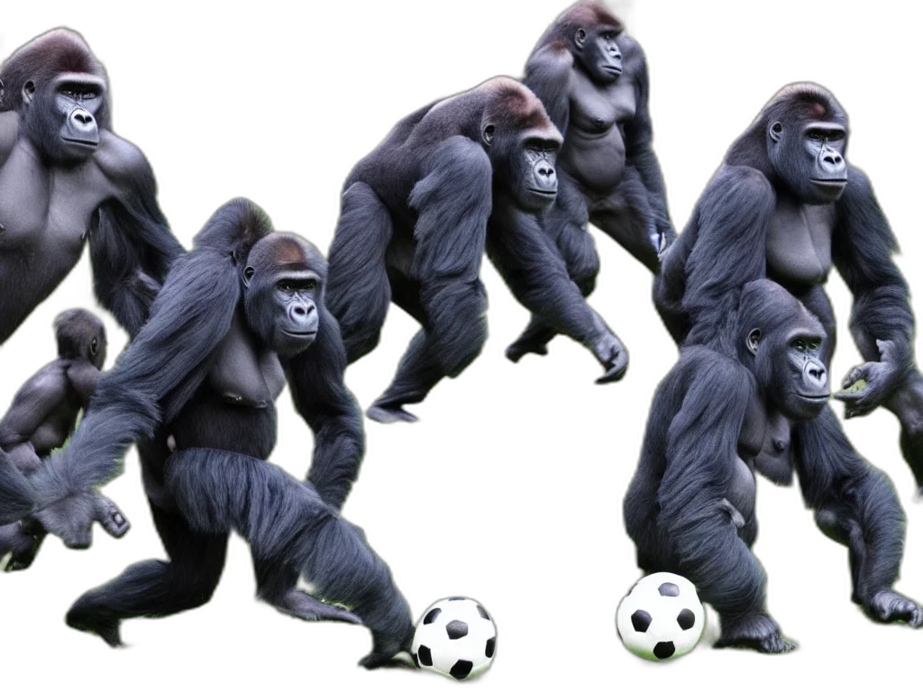 animal, concept art, photorealistic, 3d render, gorilla, playin, soccer, vivid transparent PNG cut-out