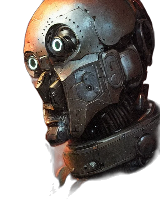 robot, mask, face, weapon, concept art, 3d render, cyberpunk, photorealistic transparent PNG cut-out