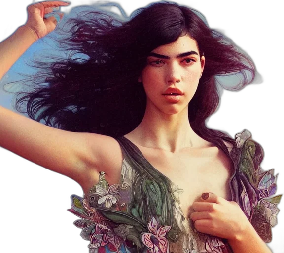 dress, hair, photorealistic, fantasy art, concept art, photography, dualipa, hands transparent PNG cut-out