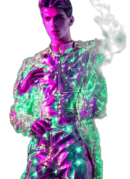 jacket, robot, staff, dress, vaporwave, cyberpunk, 3d render, concept art transparent PNG cut-out