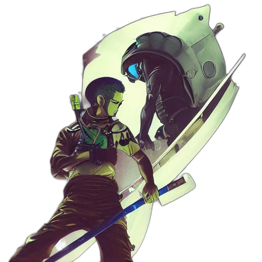 robot, staff, weapon, sword, concept art, pixel art, cyberpunk, comic book art transparent PNG cut-out