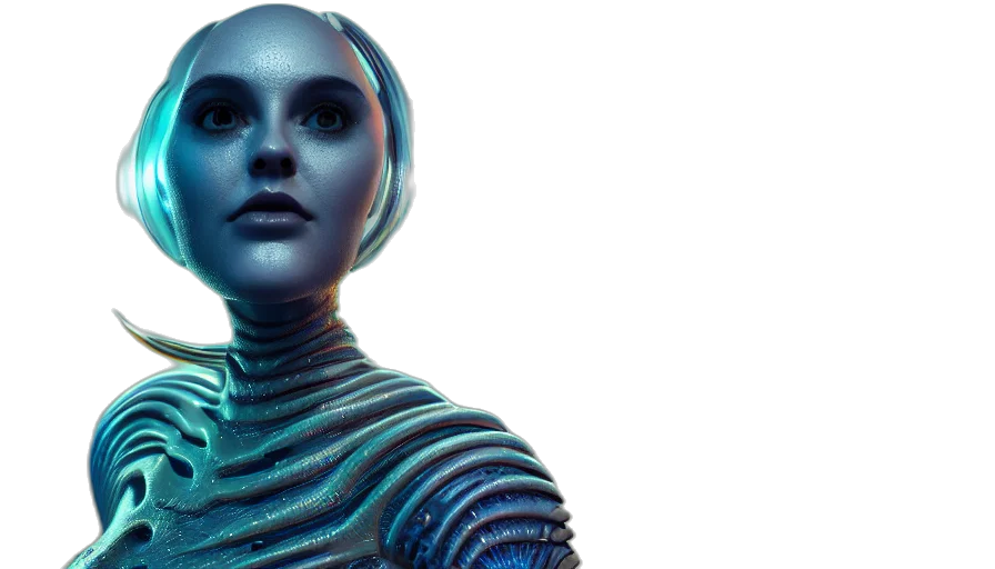 robot, cyberpunk, 3d render, concept art, outer space, blue, bubbles, artstation transparent PNG cut-out