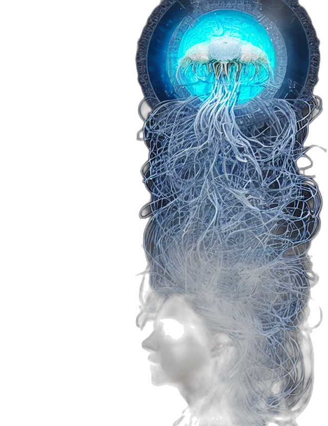 hair, robot, crown, mask, concept art, 3d render, cyberpunk, photorealistic transparent PNG cut-out