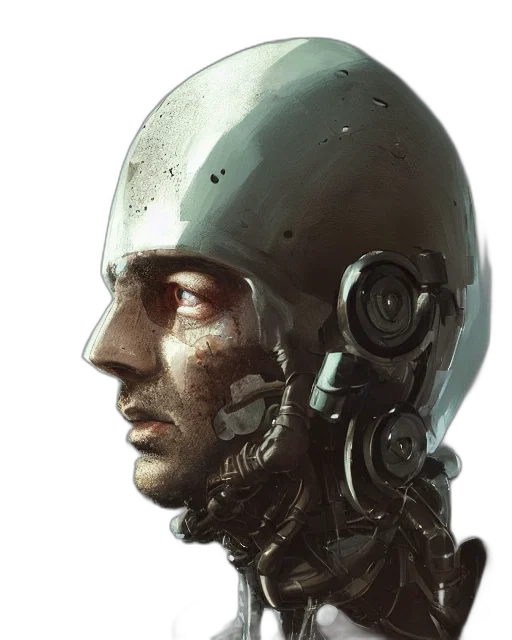 robot, face, mask, hat, cyberpunk, concept art, comic book art, photorealistic transparent PNG cut-out