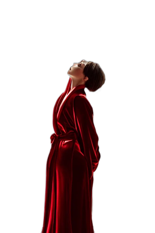 dress, jacket, red, stunning, brunette, wearing, silky, robe transparent PNG cut-out