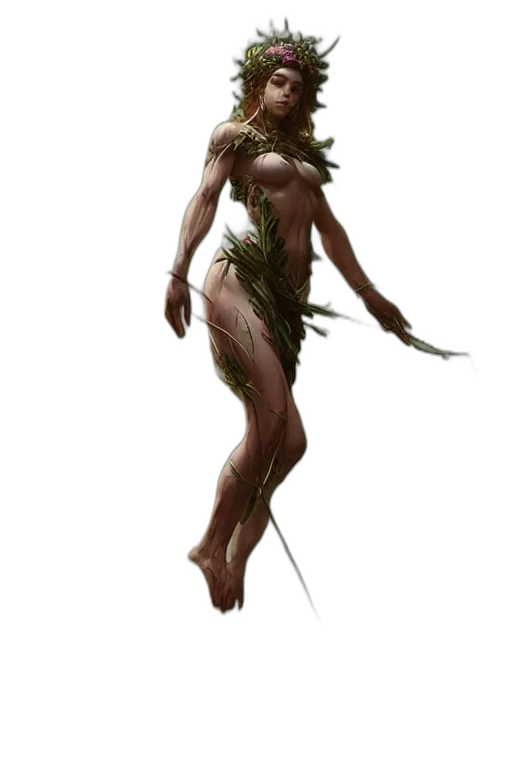 creature, dress, staff, tree, concept art, fantasy art, 3d render, photorealistic transparent PNG cut-out