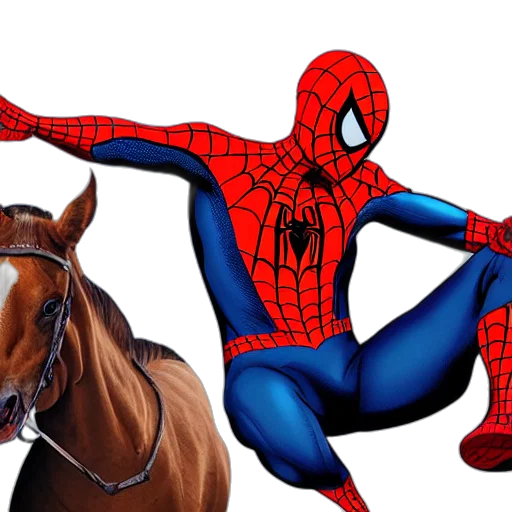animal, concept art, photorealistic, comic book art, spiderman, riding, horse transparent PNG cut-out
