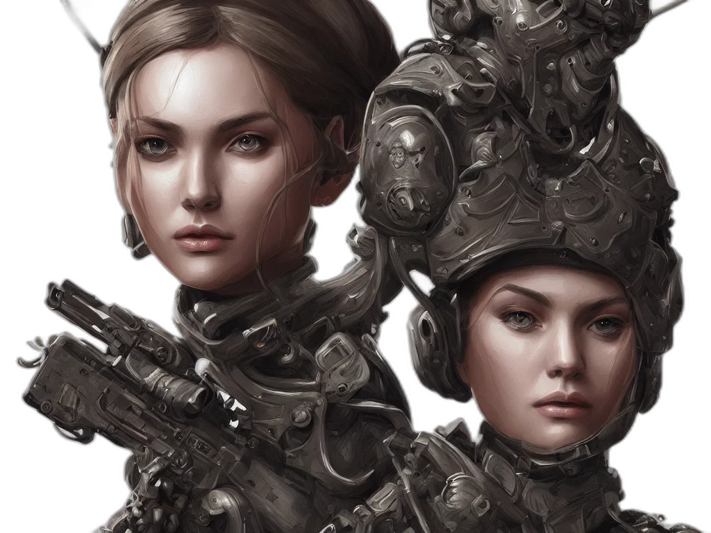 robot, concept art, cyberpunk, fantasy art, comic book art, woman, army, intricate transparent PNG cut-out