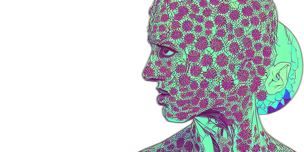 face, mask, robot, crown, cyberpunk, comic book art, 3d render, photorealistic transparent PNG cut-out