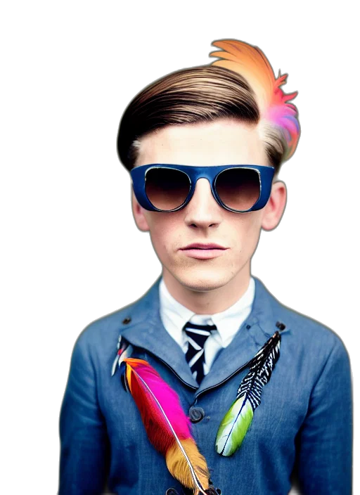 staff, hair, jacket, cartoon, photorealistic, vaporwave, 3d render, neon transparent PNG cut-out