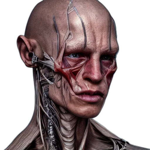 face, robot, mask, creature, concept art, cyberpunk, photorealistic, 3d render transparent PNG cut-out