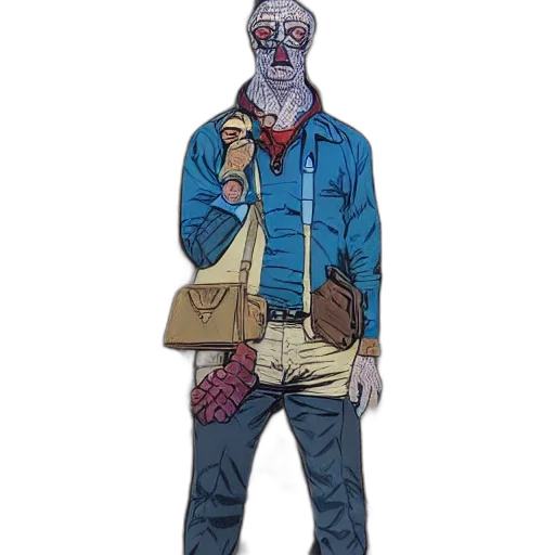 jacket, mask, staff, creature, concept art, comic book art, cartoon, cyberpunk transparent PNG cut-out