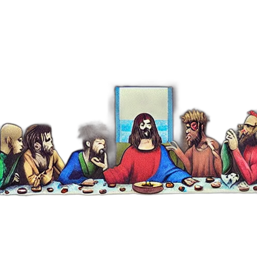 food, pixel art, comic book art, concept art, fantasy art, last, supper, gorillaz transparent PNG cut-out