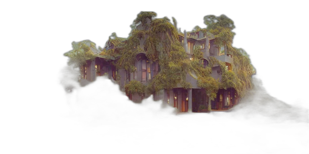 building, tree, 3d render, concept art transparent PNG cut-out