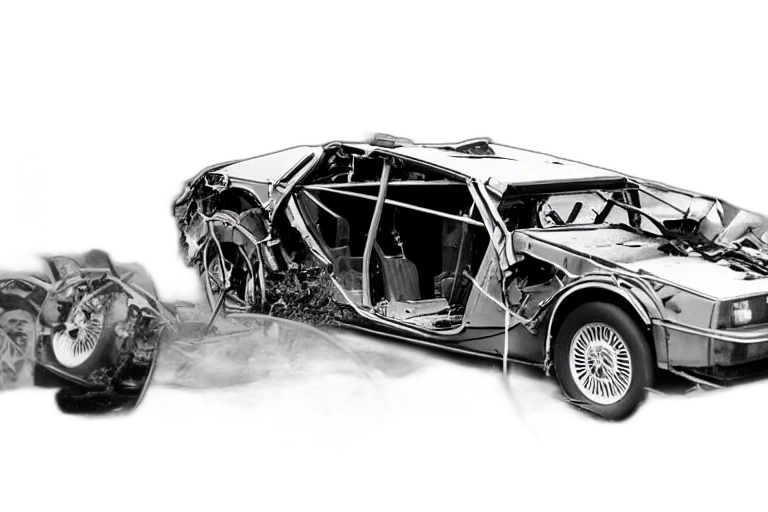 car, concept art, photorealistic, 3d render, comic book art, crash, delorean transparent PNG cut-out