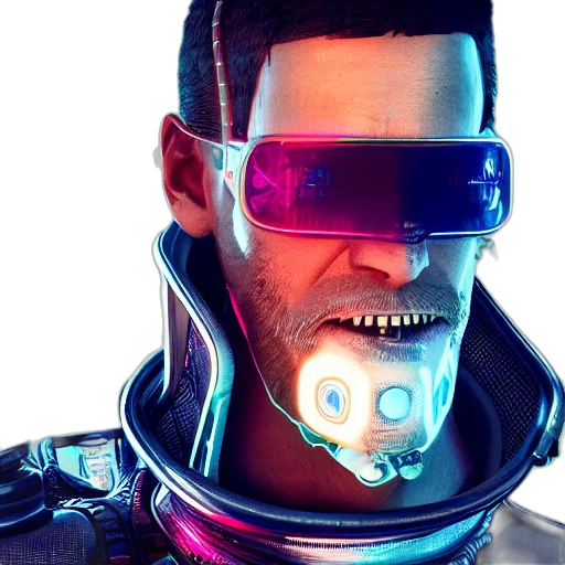 mask, robot, face, jacket, cyberpunk, concept art, 3d render, vaporwave transparent PNG cut-out