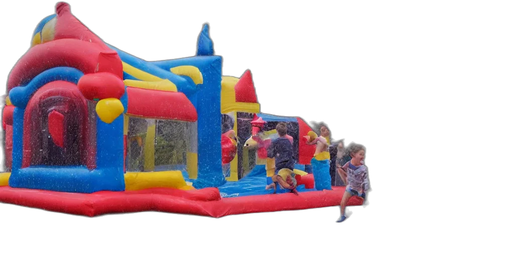 3d render, bouncy, castle, children, inside, blowing, wind, during transparent PNG cut-out