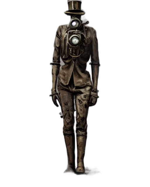 robot, jacket, staff, concept art, 3d render, cyberpunk, fantasy art, earth tones transparent PNG cut-out