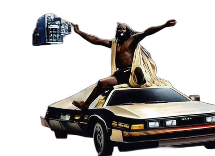 car, concept art, african, jesus, driving, flying, delorean, over transparent PNG cut-out