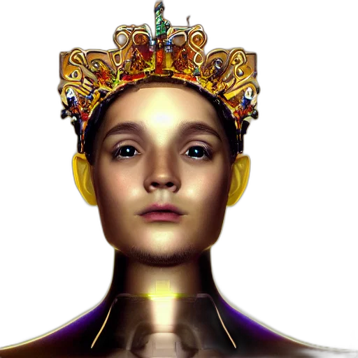 crown, jewelry, robot, face, photorealistic, concept art, 3d render, fantasy art transparent PNG cut-out