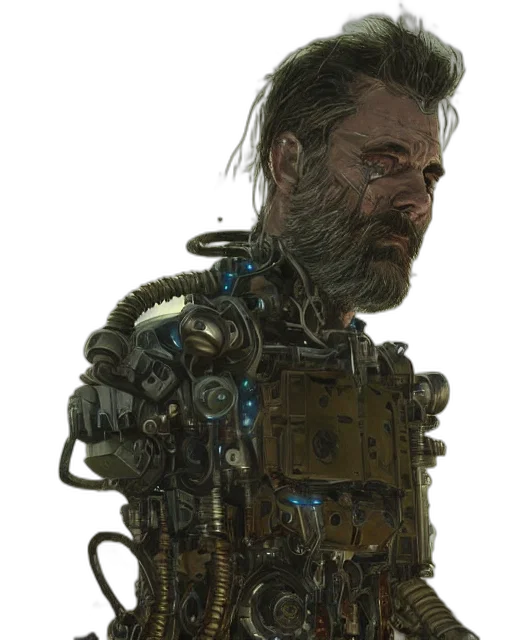 robot, face, jacket, weapon, cyberpunk, concept art, comic book art, fantasy art transparent PNG cut-out