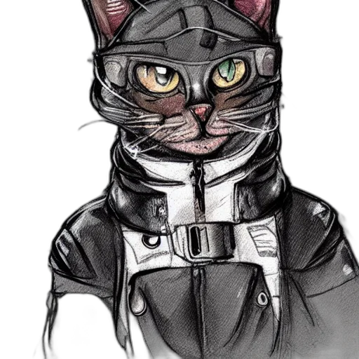 watercolor, comic book art, concept art, cartoon, monochrome, cat, wearing, cyberpunk transparent PNG cut-out