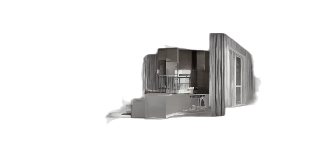 furniture, robot, building, 3d render, concept art, cutaway, house, showing transparent PNG cut-out