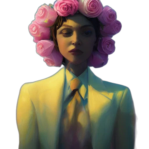 flower, face, hat, crown, concept art, vaporwave, fantasy art, photorealistic transparent PNG cut-out