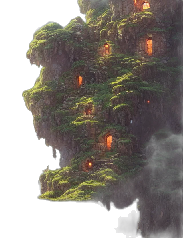 tree, building, face, dragon, concept art, fantasy art, 3d render, pixel art transparent PNG cut-out