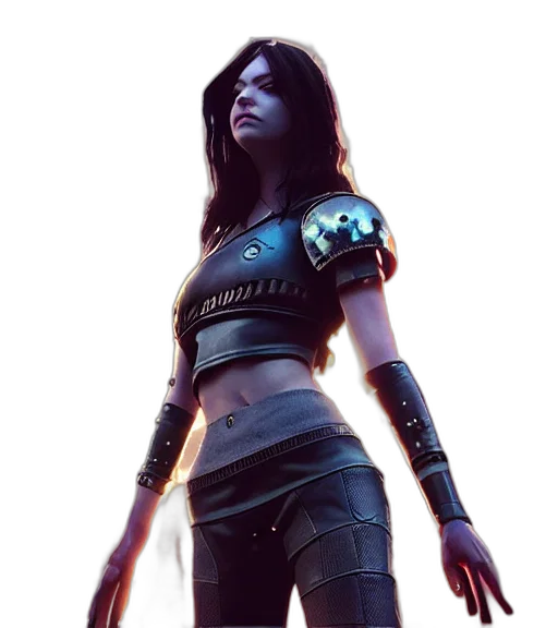 concept art, cyberpunk, fantasy art, 3d render, dark, charismatic, rugged, female transparent PNG cut-out