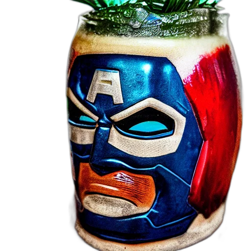 mask, bottle, crown, comic book art, closeup, photorealistic, photograph, glossy transparent PNG cut-out