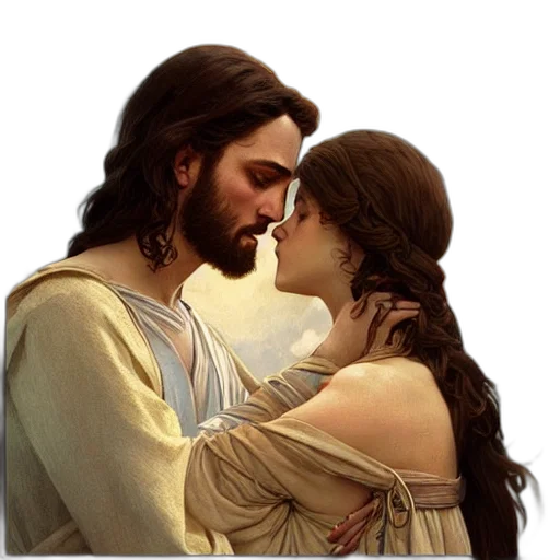 photorealistic, concept art, fantasy art, jesus, kissing, maria, maddalena, intricate transparent PNG cut-out