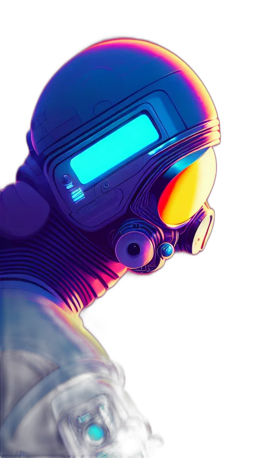 robot, mask, face, weapon, cyberpunk, concept art, vaporwave, 3d render transparent PNG cut-out