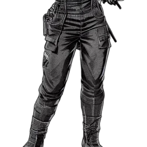 jacket, weapon, staff, comic book art, concept art, cyberpunk, fantasy art, monochrome transparent PNG cut-out