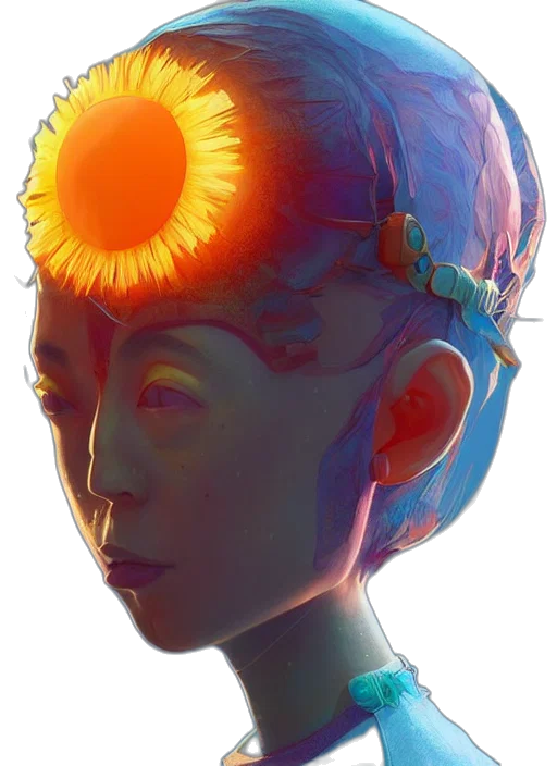 crown, face, mask, hair, concept art, cyberpunk, photorealistic, vaporwave transparent PNG cut-out