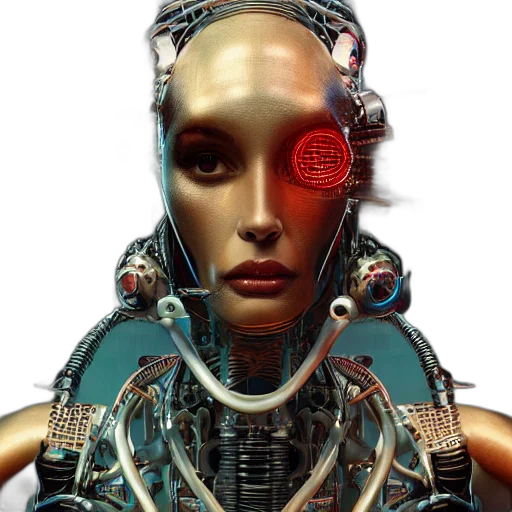 robot, face, jewelry, cyberpunk, 3d render, concept art, photorealistic, outer space transparent PNG cut-out