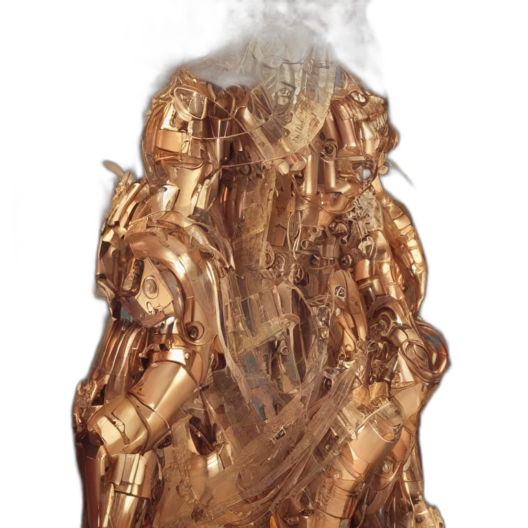 robot, jacket, mask, dress, concept art, 3d render, fire, golden transparent PNG cut-out