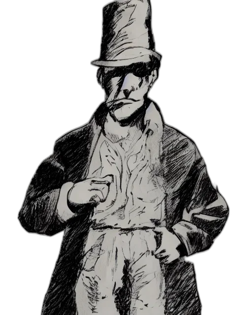 jacket, staff, mask, face, concept art, comic book art, cartoon, pencil sketch transparent PNG cut-out