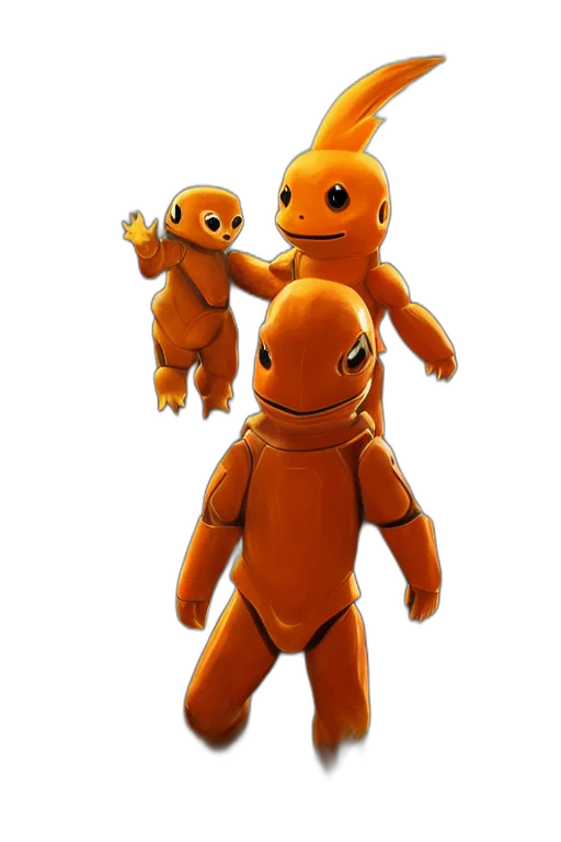 robot, creature, animal, 3d render, concept art, pixel art, golden, charmander transparent PNG cut-out