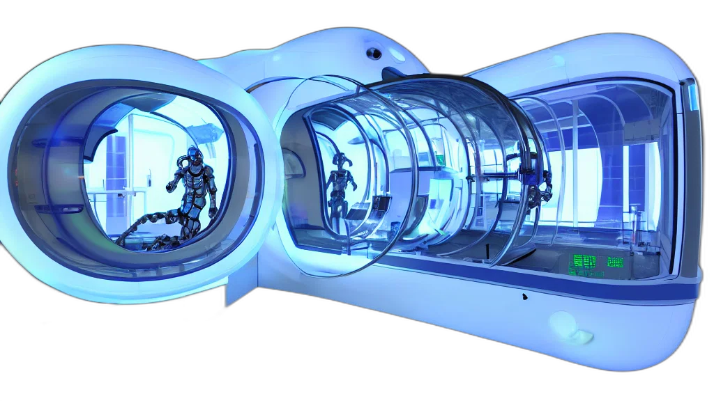 3d render, concept art, cyberpunk, outer space, futuristic, enclosed, medical, pod transparent PNG cut-out