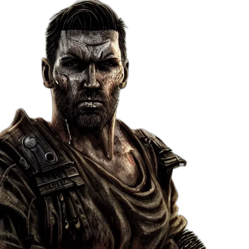 concept art, photorealistic, fantasy art, fallout, charismatic, imposing, rugged, mad transparent PNG cut-out