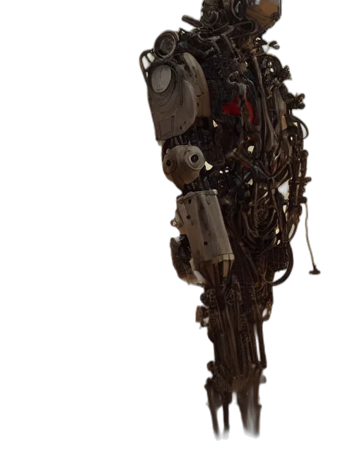 robot, staff, weapon, jacket, concept art, 3d render, cyberpunk, masked transparent PNG cut-out