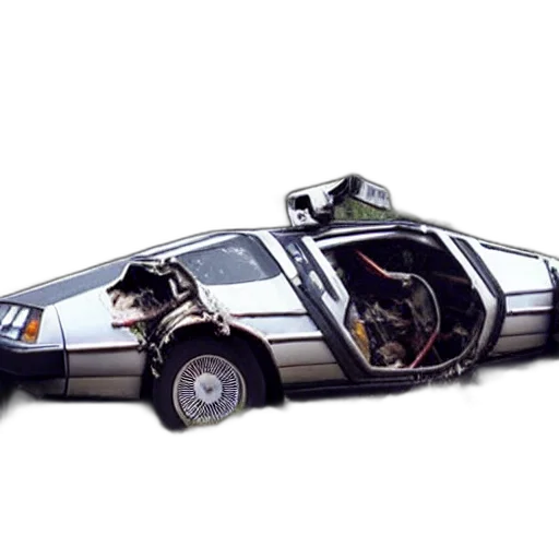 car, robot, concept art, cyberpunk, outer space, photograph, delorean, crashed transparent PNG cut-out