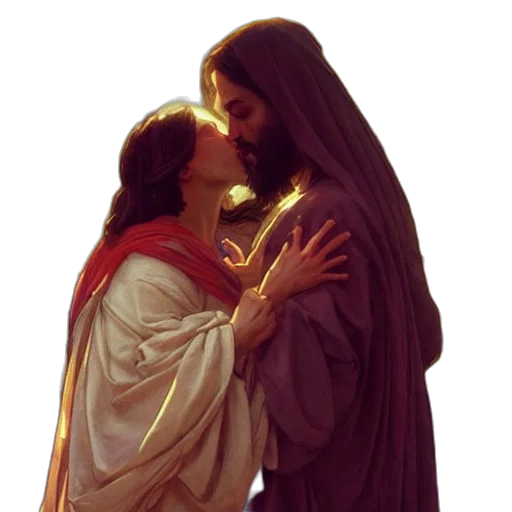 photorealistic, concept art, pixel art, jesus, kissing, maria, maddalena, elegant transparent PNG cut-out