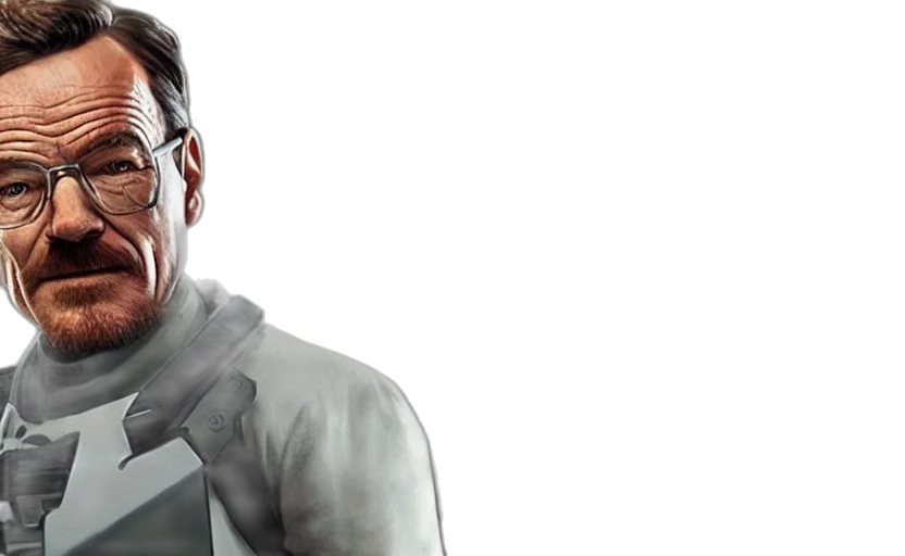3d render, concept art, photorealistic, bryan, cranston, chell, portal transparent PNG cut-out