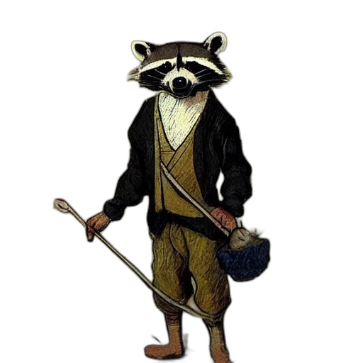 staff, animal, jacket, concept art, fantasy art, pixel art, comic book art, raccoon transparent PNG cut-out