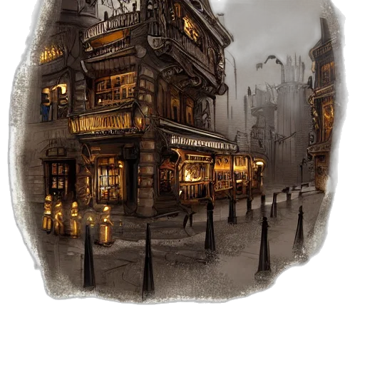 building, umbrella, hat, concept art, fantasy art, photorealistic, watercolor, city street transparent PNG cut-out