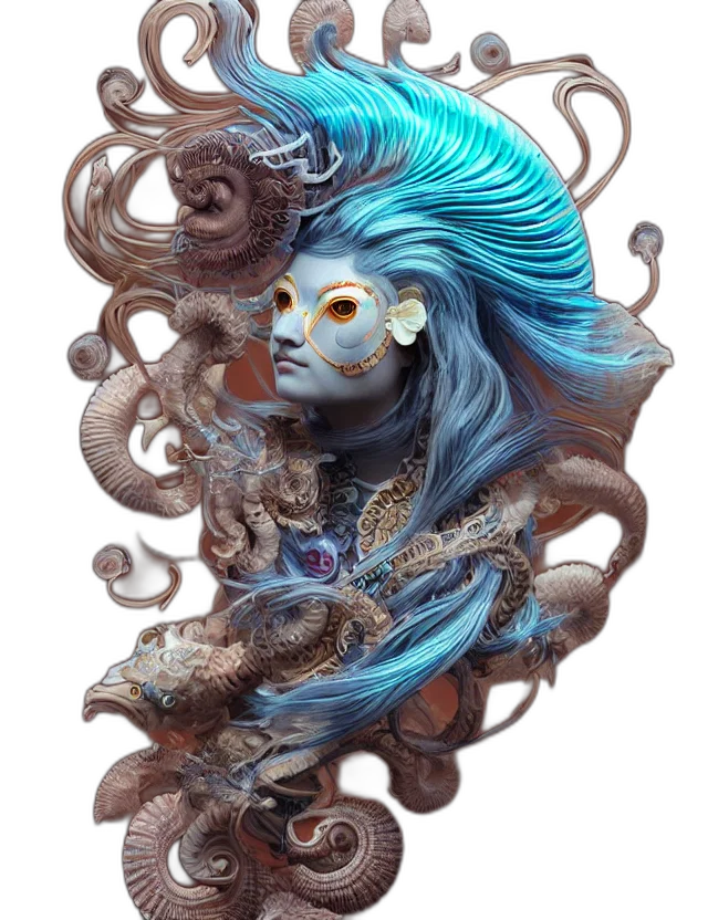 dragon, mask, creature, hair, fantasy art, concept art, photorealistic, watercolor transparent PNG cut-out