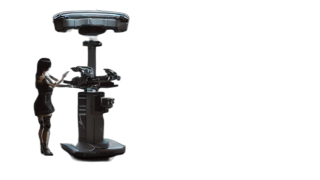 robot, staff, crown, furniture, 3d render, cyberpunk, bladerunner, complex transparent PNG cut-out