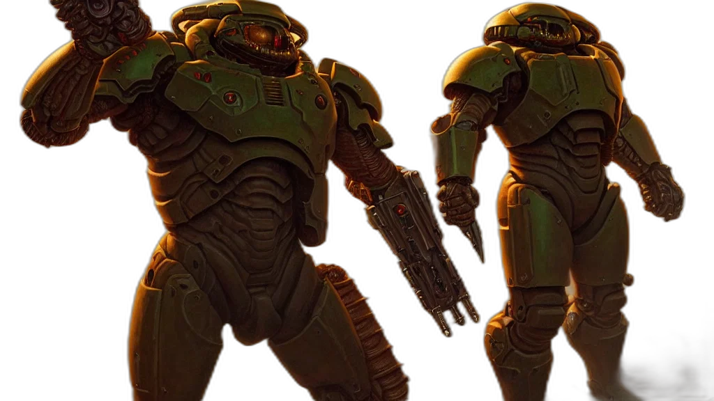robot, concept art, 3d render, fantasy art, cyberpunk, green, earth tones, doomguy transparent PNG cut-out
